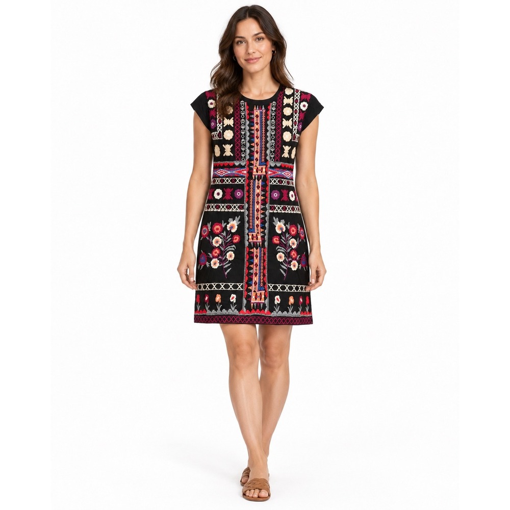 Biya Johnny Was Black Embroidered Floral Cap Sleeve Mini Shift Dress XS Boho